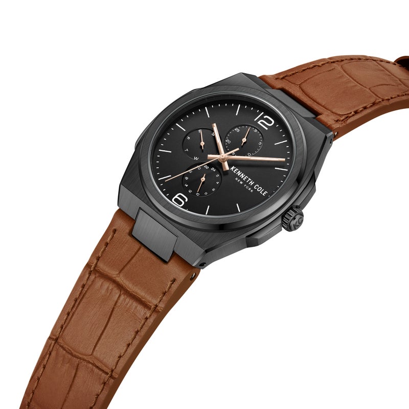 Kenneth Cole New York Modern Dress Sport Black Dial Leather Strap Watch for Men, 43mm - Image 3